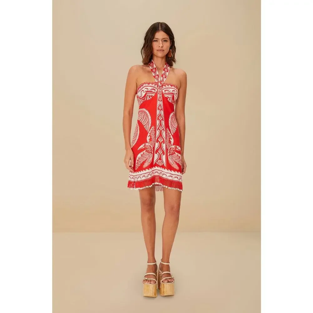 Farm Rio Red Majestic Coconut Tree Euroflax Premium Linen Mini Dress - Picture 2 of 11